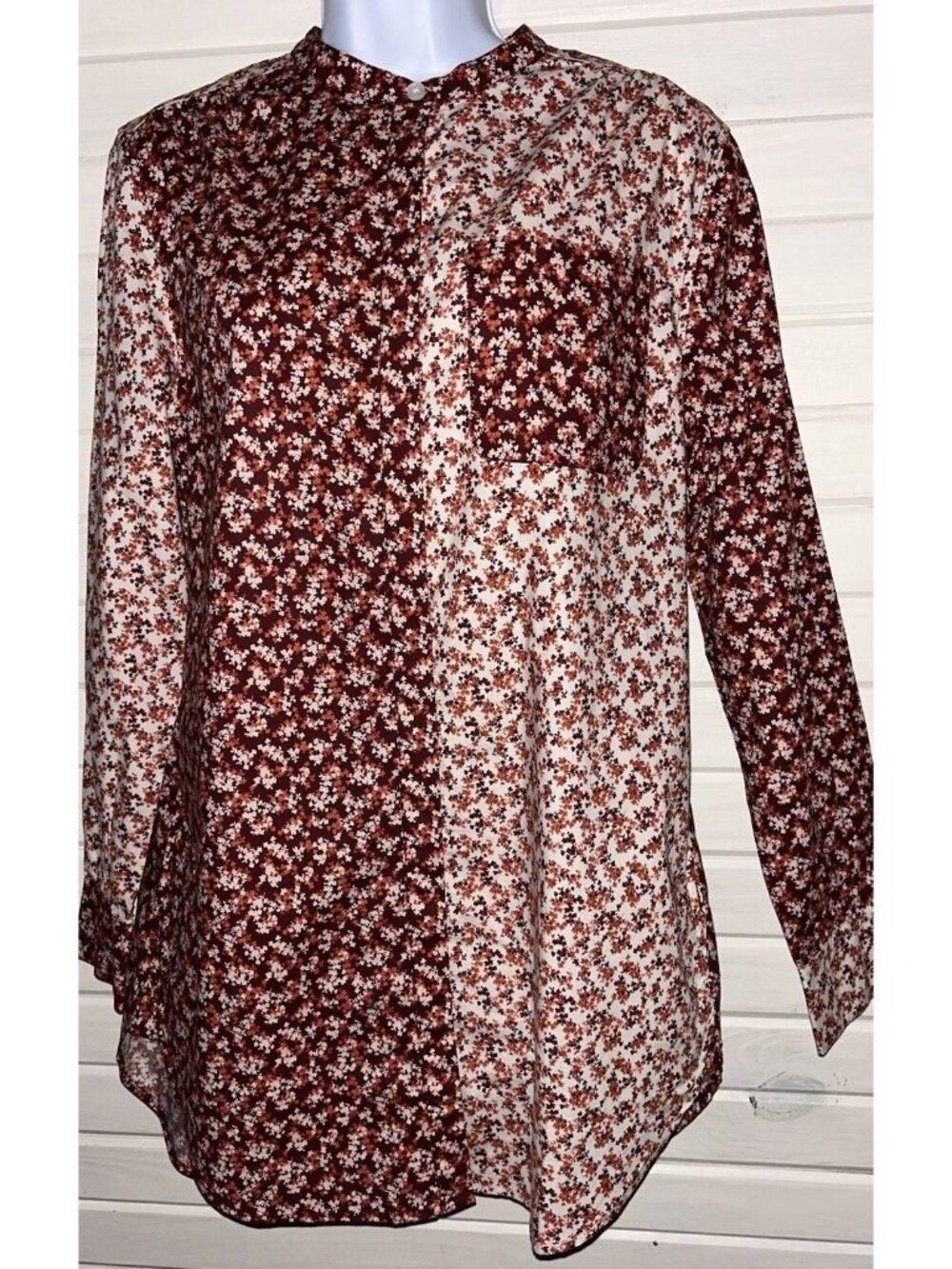 Lands End Sz SMALL Red Floral Cotton A-Line Tunic Blouse Hand Pockets EUC